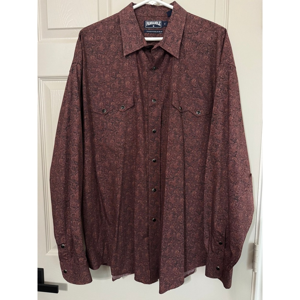 Panhandle Slim Western Shirt Mens XL Burgundy Paisley Pearl Snap Long Sleeve